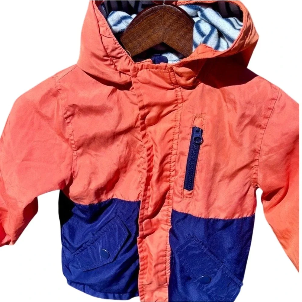 OshKosh‎ B'gosh Windbreaker Kids Size 4 Orange Navy Blue Colorblock Hood GOOD